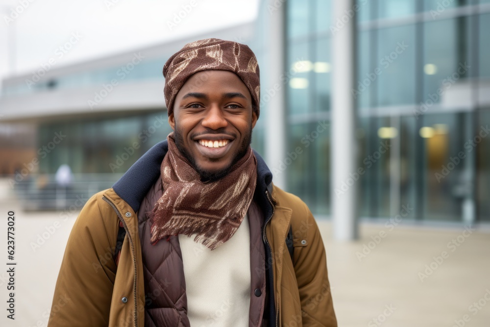 Portrait photography of a happy Nigerian black man in his 30s wearing a foulard against a modern architectural background Portrait photography of a happy Nigerian black man in his 30s wearing a foulard against a modern architectural background