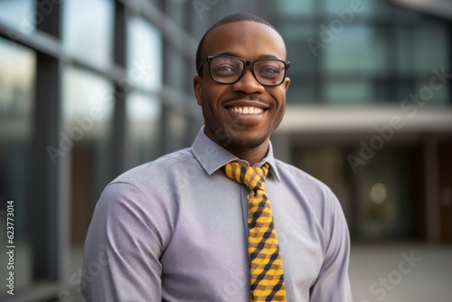 Portrait photography of a satisfied Nigerian black business man in his 30s wearing a foulard against a modern architectural background 