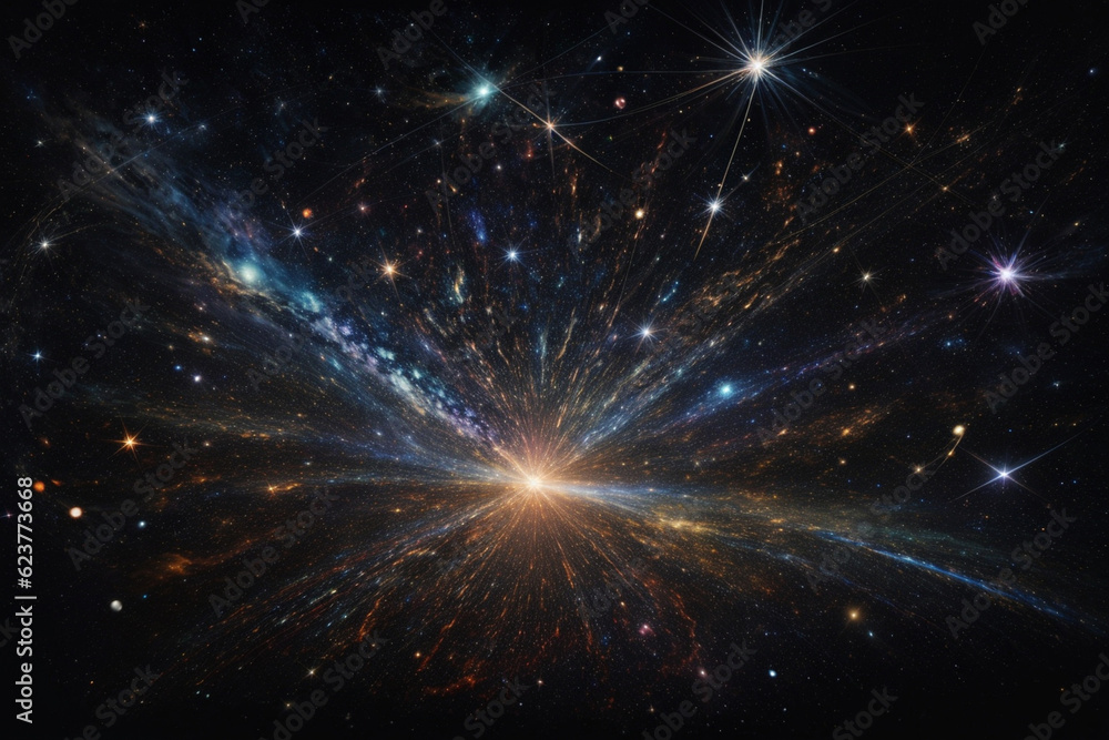 Naklejka premium Colorful space galaxy cloud nebula. Stary night cosmos. Universe science astronomy. Supernova background wallpaper. Generative Al