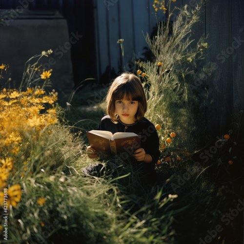 Photograph of a Little brunette girl reading a book in a garden full of yellow flowers, golden light, beautiful shadows, light and shadow, organic scene, vintage look, old fashioned