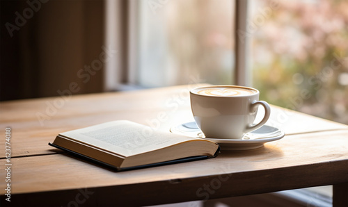 a cup of coffee next to the book on the table