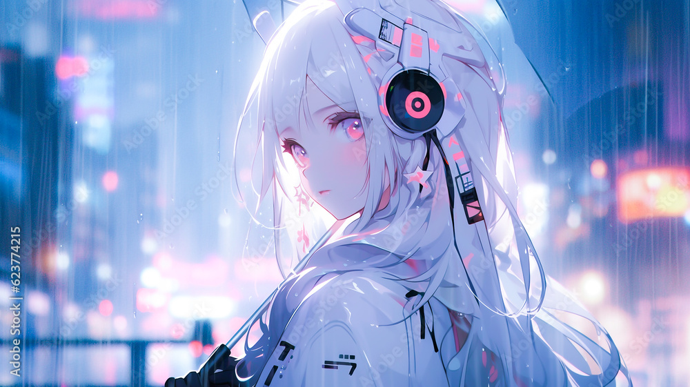 Obraz premium Anime girl character, cyberpunk cyborg in an urban cityscape on a rainy day. Created with Generative AI.