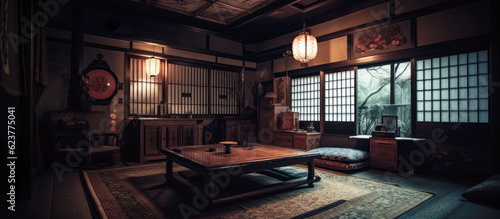 A Traditional Japanese old room. Japanese washitsu with ornaments. Hand-edited generative AI. 