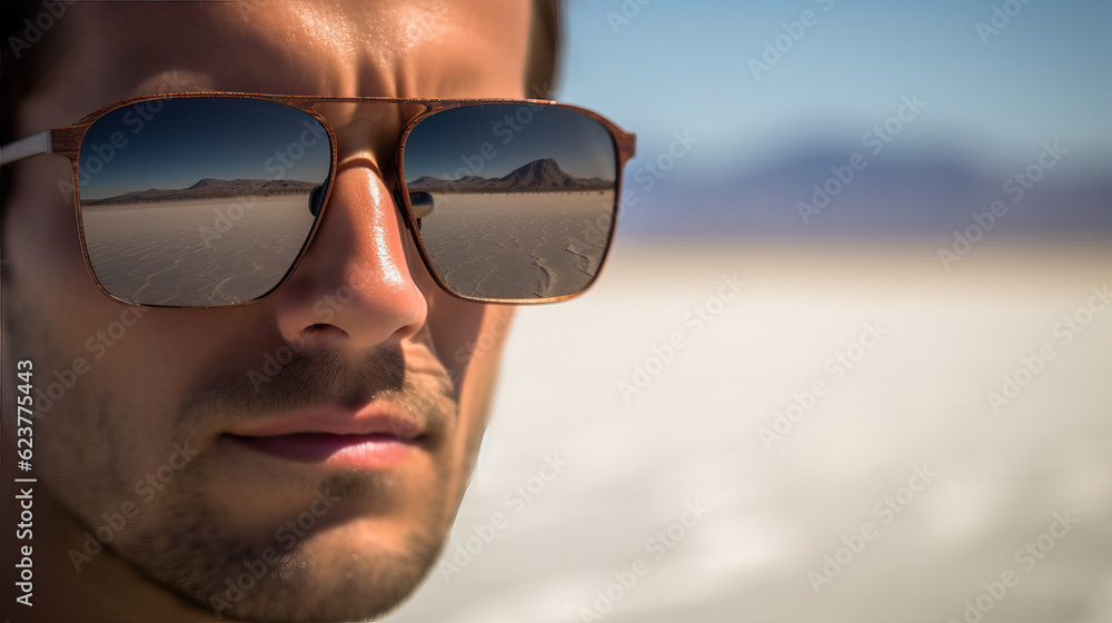 Beach vibes: portrait of a man in sunglasses with copy space. Created using generative AI tools Beach vibes: portrait of a man in sunglasses with copy space. Created using generative AI tools