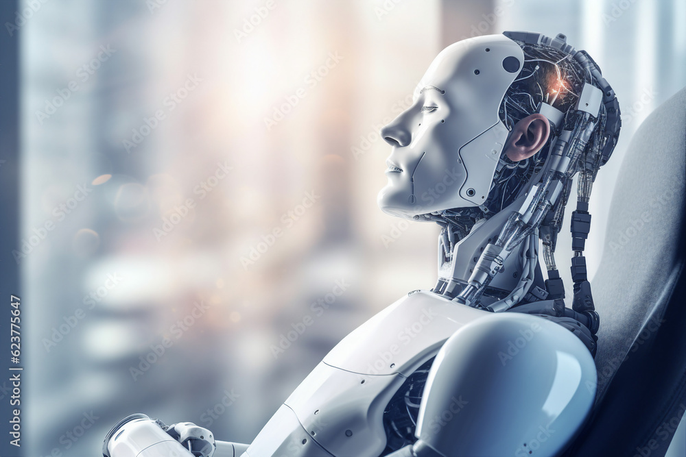 Photo illustration of white metal futuristic robotic automated personage meditating thinking generative ai concept Photo illustration of white metal futuristic robotic automated personage meditating thinking generative ai concept