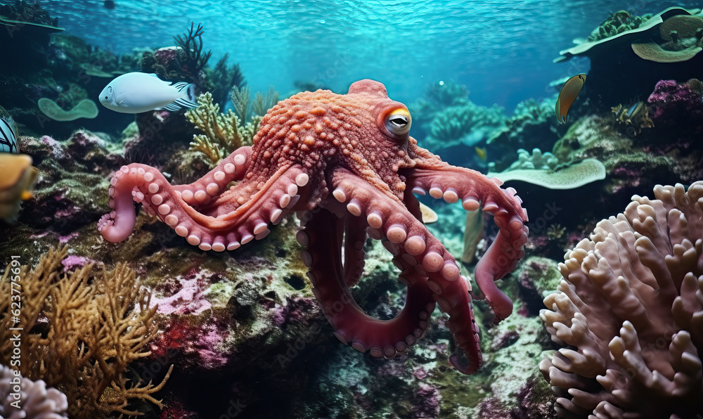 Giant octopus on colorful seabed. Created using generative AI tools Giant octopus on colorful seabed. Created using generative AI tools