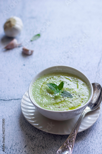 cold cucumber soup with mint and garlic
