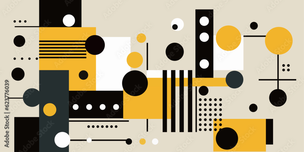 Composition of rectangles and circles, harmoniously arranged in the form of an artistic picture. Can be used as seamless. Yellow and black colors. Composition of rectangles and circles, harmoniously arranged in the form of an artistic picture. Can be used as seamless. Yellow and black colors.