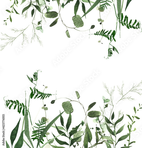 Watercolor painted greenery seamless frame. Green wild plants, branches, leaves and twigs. Isolated clipart.
