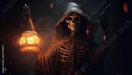 skeleton witch holding pumpkin halloween lamp