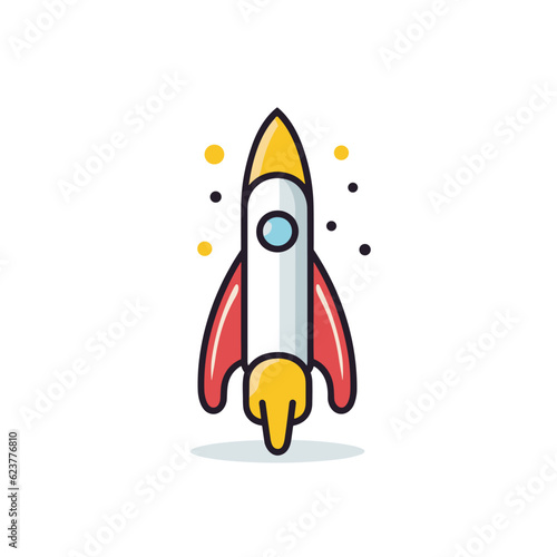Vector of a flat icon vector of a red and yellow rocket ship flying through the air