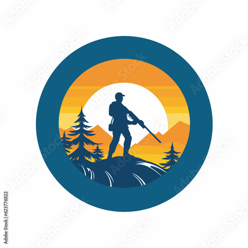 Vector of a man standing on a hill with a rifle in a flat icon style