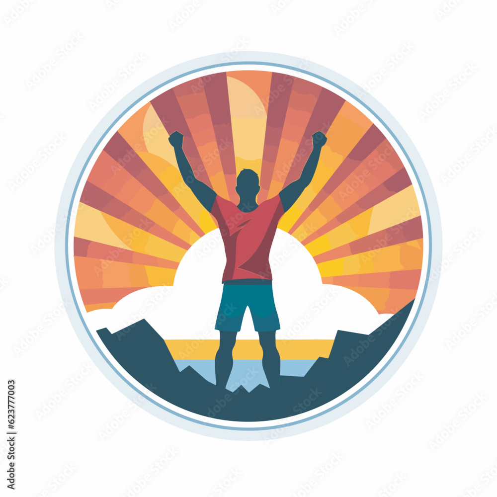 Vector of a man celebrating on top of a mountain with his arms raised in victory