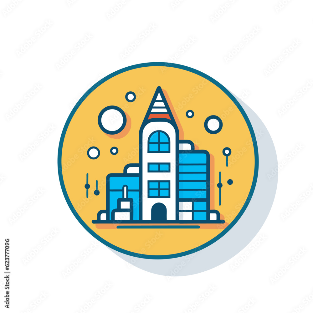 Vector of a colorful building surrounded by bubbles in a flat and minimalist style