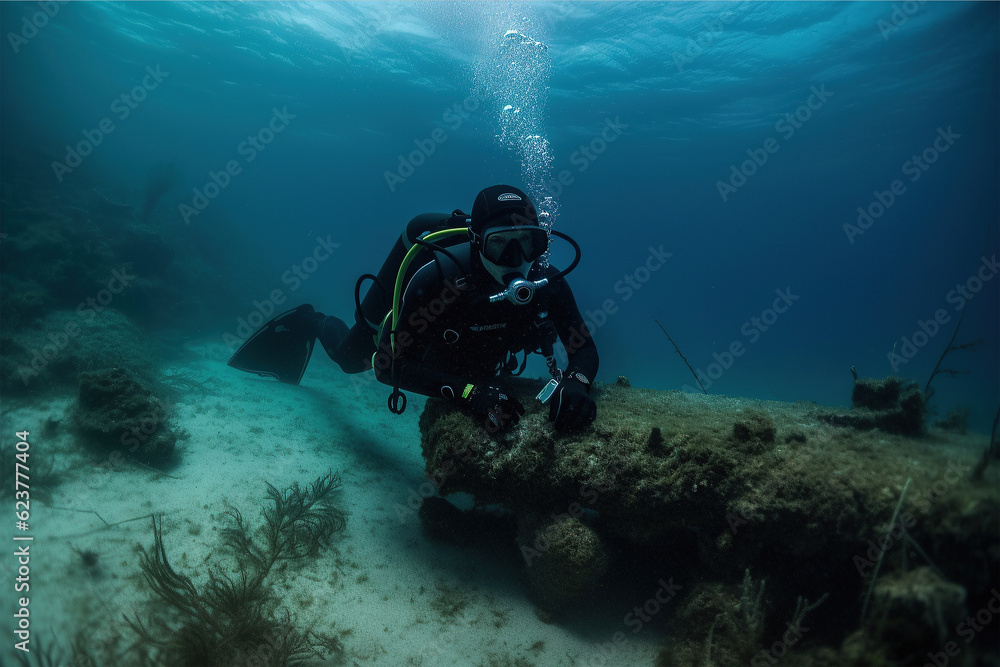 scuba diver explores the seabed scuba diver explores the seabed
