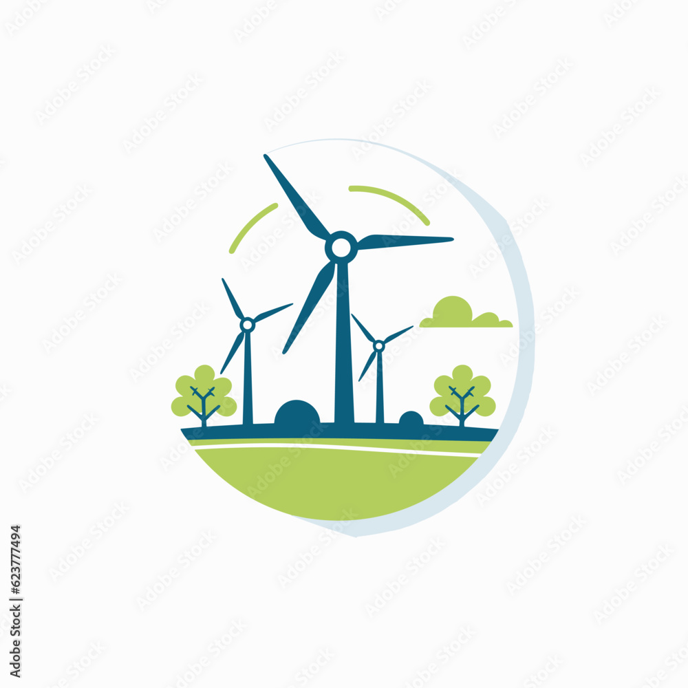Vector of a flat vector icon of a wind farm with windmills and trees Vector of a flat vector icon of a wind farm with windmills and trees