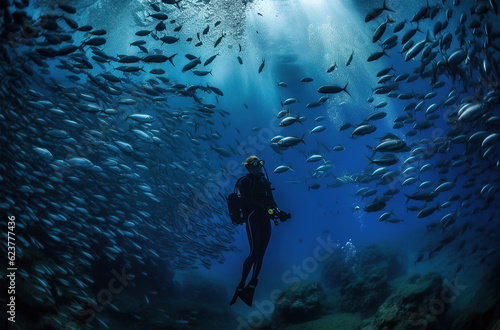 diver underwater with schools of fish © borisblik