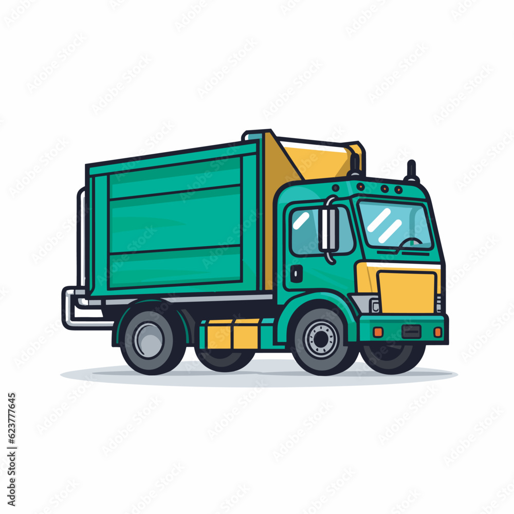 Vector of a flat icon vector of a green and yellow dump truck on a white background