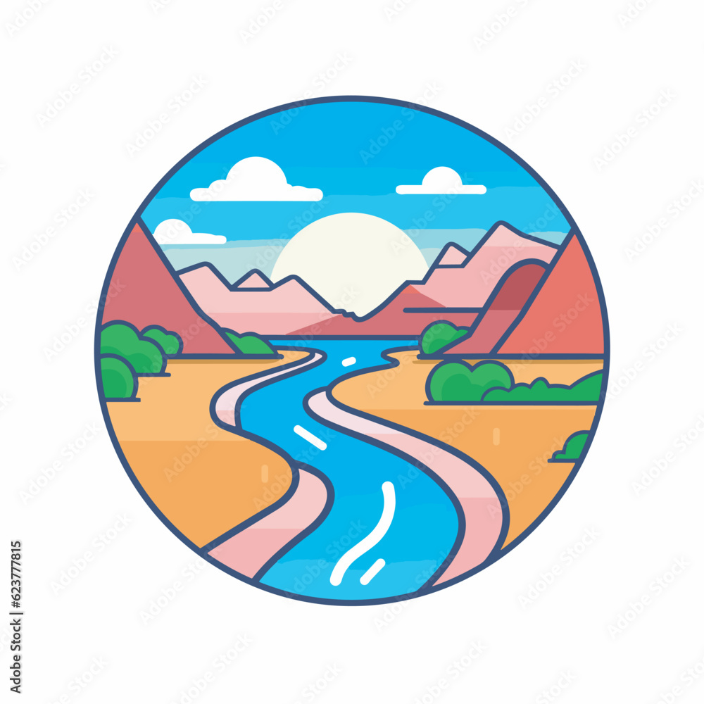 Vector of a scenic river flowing through a mountainous valley in a flat icon style