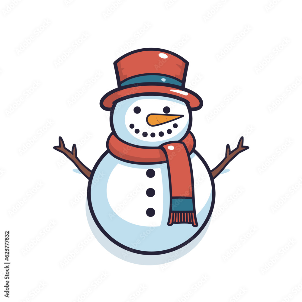 Vector of a snowman wearing a red hat and scarf in a flat icon style Vector of a snowman wearing a red hat and scarf in a flat icon style