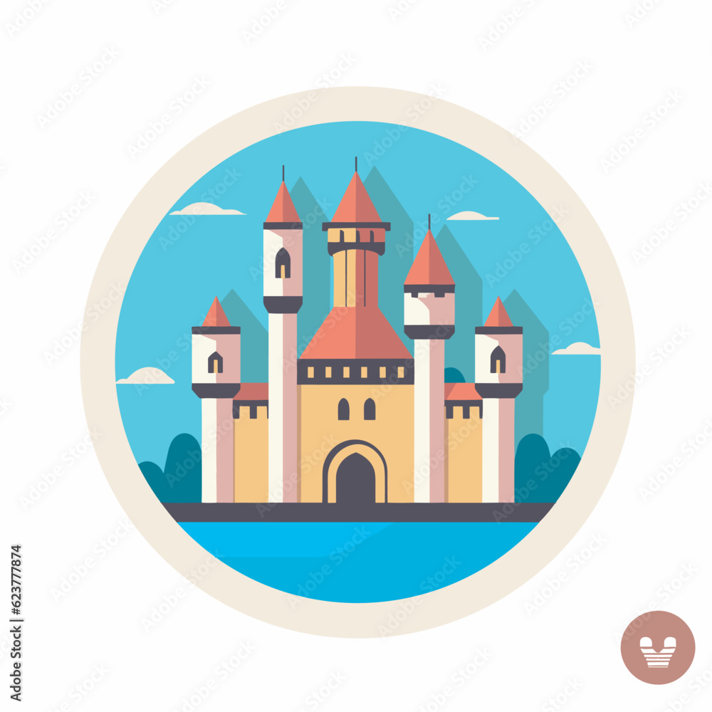 Vector of a flat icon of a castle surrounded by a circular frame against a sky background