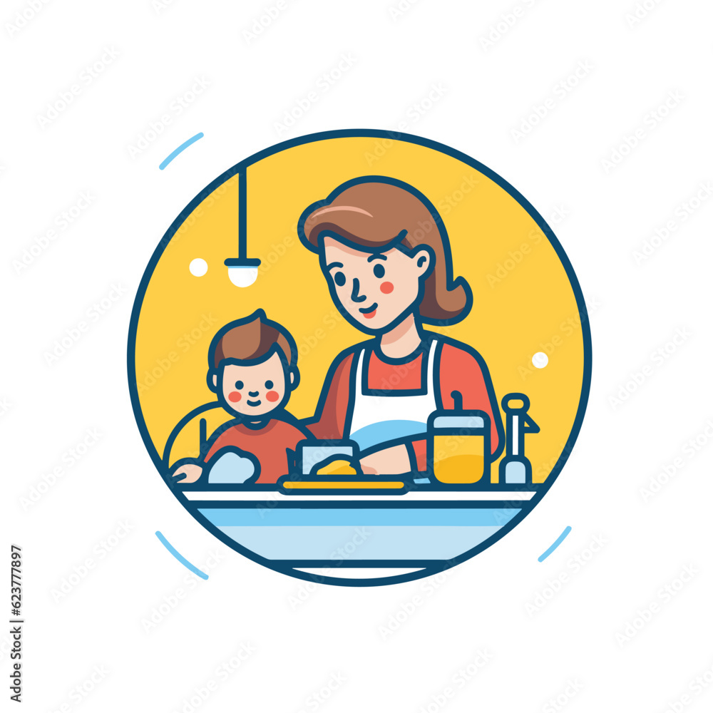 Fototapeta premium Vector of a woman and child cooking together in a flat icon style