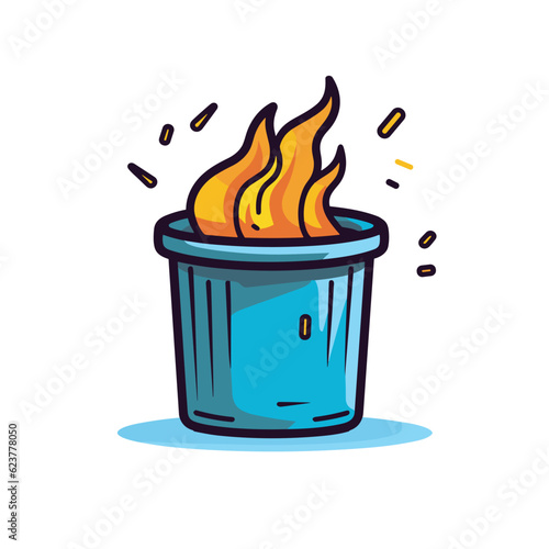 Vector of a flat icon vector of a blue trash can with flames coming out of it