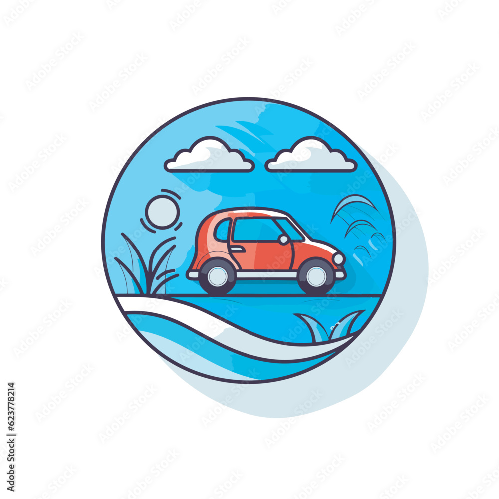 Vector of a red car driving on a road in the middle of the ocean