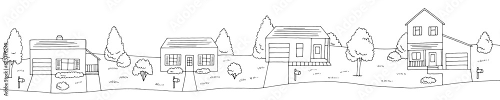 Residential district street graphic black white sketch illustration vector 