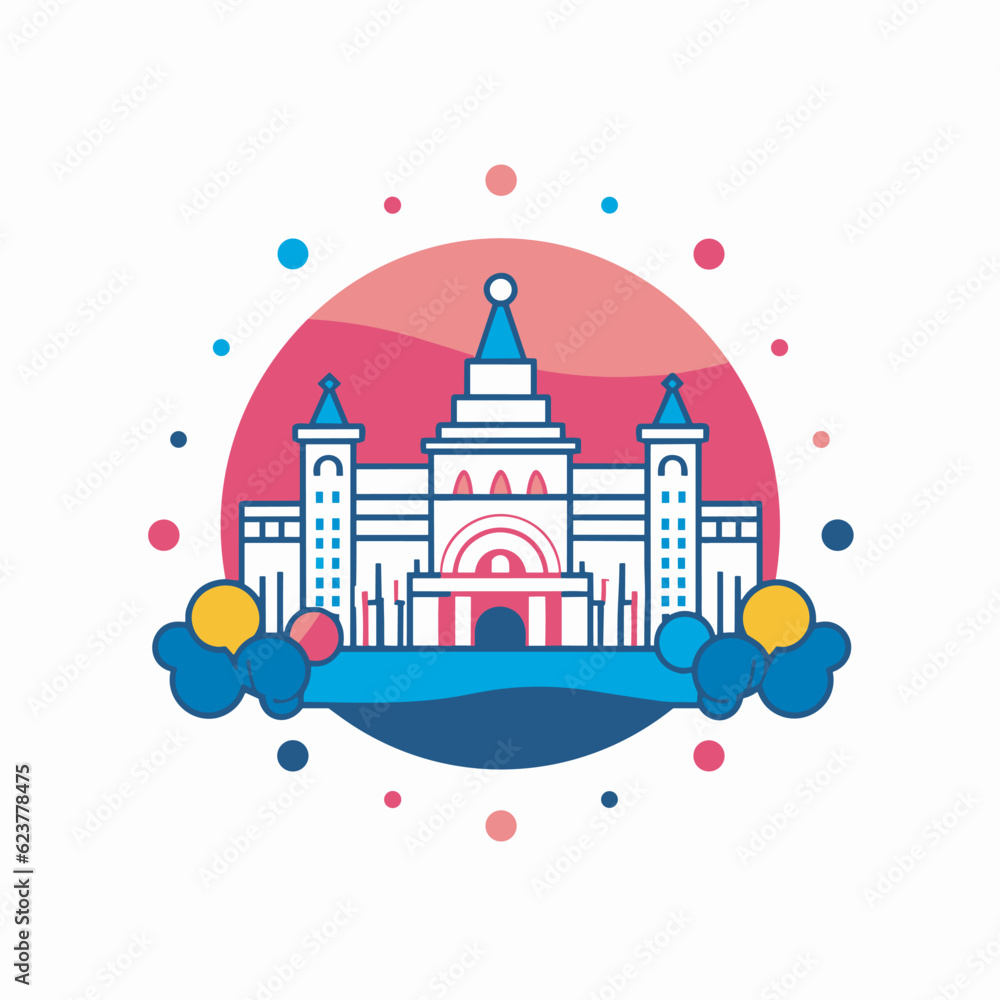 Vector of a flat icon of a white building with a red and blue circle around it