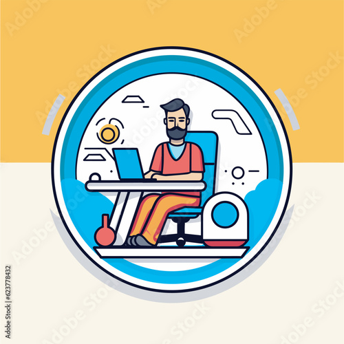 Vector of a man sitting at a desk with a laptop in a flat icon style