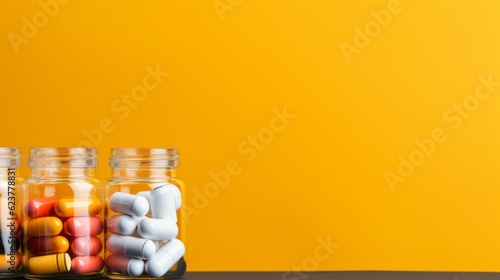 Vibrant Tablets and Capsules in Glass Bottle. Close-up Health Care Banner.