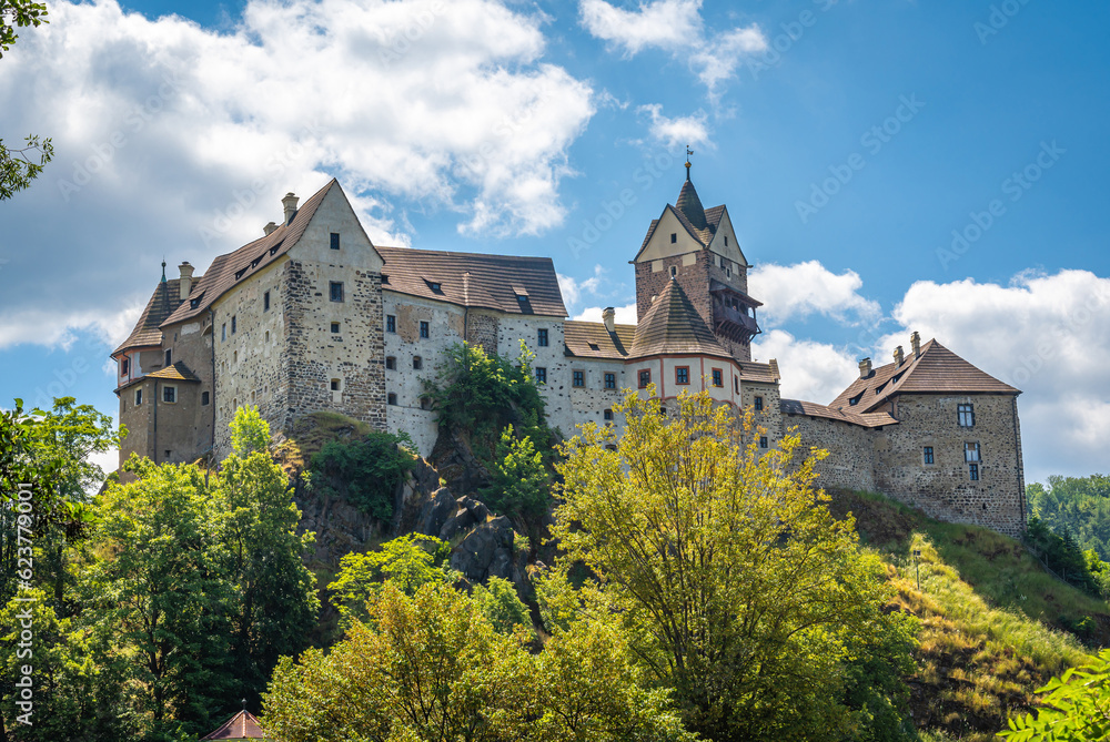View of gothic castle Loket in Czech Republic on sunny summer day