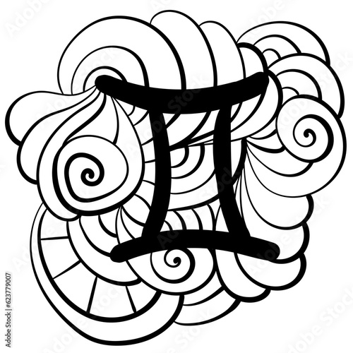 Gemini zodiac sign symbol, doodle patterns page coloring book or design