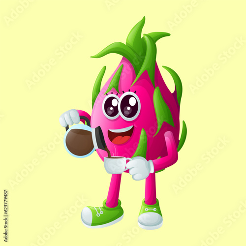 Cute dragon fruit character pouring coffee