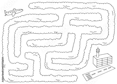 Airplane landing through the clouds at the airport maze graphic black white sketch illustration vector
