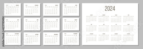 2024 calendar planner template. Monthly minimalistic calendar in pastel colors. Minimalistic calendar with 12 pages