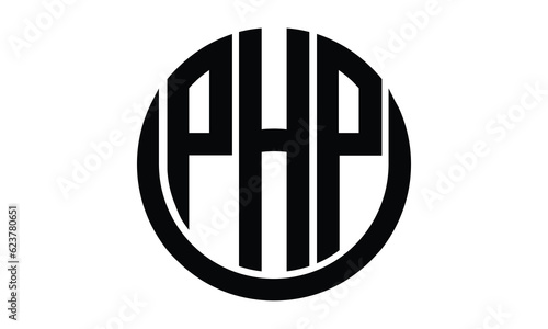 PHP shield in circle logo design vector template. lettermrk, wordmark, monogram symbol on white background.