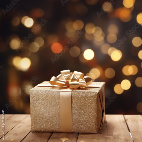 A gift box on table with beautiful bokeh festive and snow background.