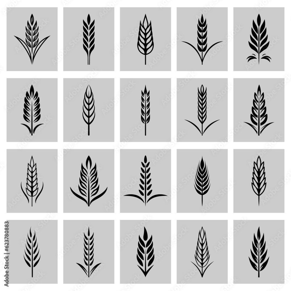 Flat Vector Black and White Agriculture Wheat Icon Set, Organic Wheat, Rice Ears, Isolated. Design Template for Bread, Beer Logo, Packaging, Labels Flat Vector Black and White Agriculture Wheat Icon Set, Organic Wheat, Rice Ears, Isolated. Design Template for Bread, Beer Logo, Packaging, Labels