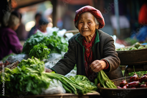 Asian woman selling green vegetables on market grocer.