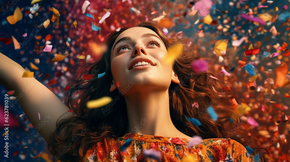 A girl at a ceremony, event, festival. surrounds by confetti A girl at a ceremony, event, festival. surrounds by confetti