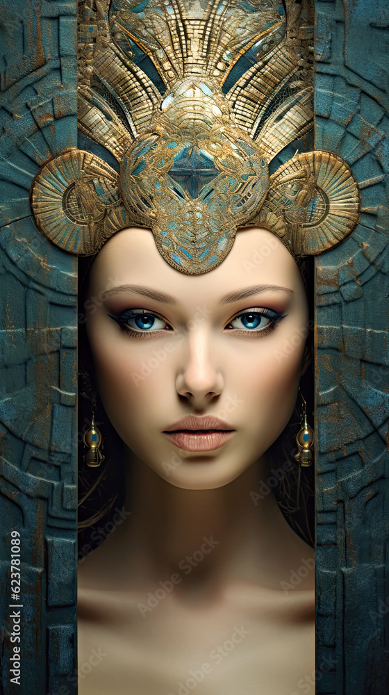 A woman with a golden headdress and blue eyes. Generative AI. A woman with a golden headdress and blue eyes. Generative AI.