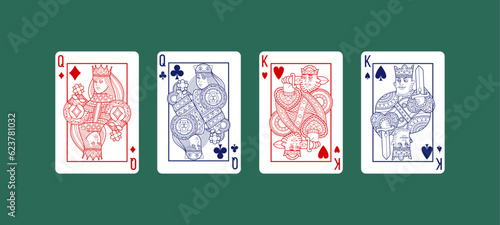 Queen and king cards. Casino games. Red heart and black spade flat pattern. Characters with diamonds. Graphic faces. Gambling leisure. Fortune royal pack. Vector design poker lucky set