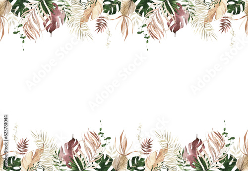 Watercolor seamless frame. Orange, yellow, burgundy, green exotic palm branches, monstera leaves, twigs, golden elements. Isolated clipart.