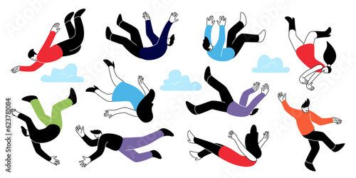 People fall. Girl and boy falling, person in air, characters action, young human silhouettes down, cartoon outline woman or man in sky hovering and soaring. Doodle drawing. Vector black design