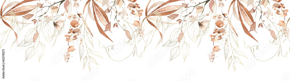Watercolor seamless frame. Orange, yellow exotic flowers, palm branches, leaves, twigs, butterfly, golden line elements. Isolated clipart.