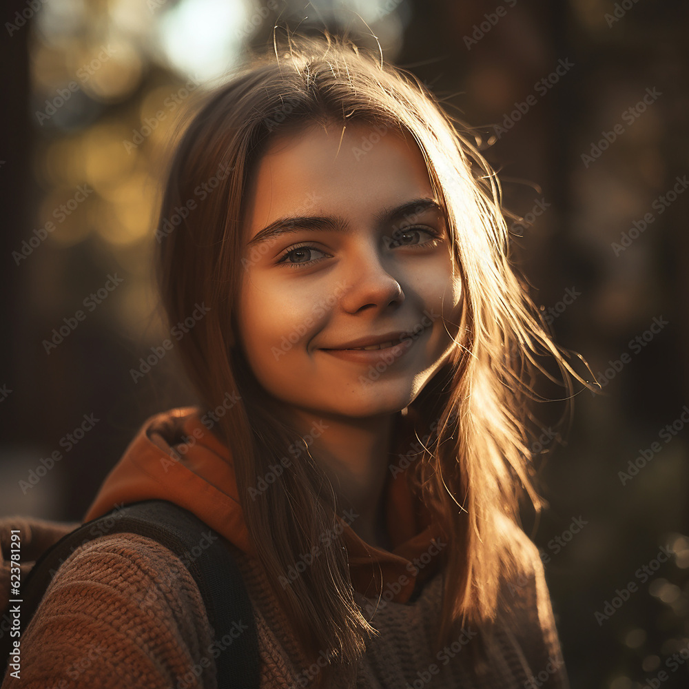 Fototapeta premium beautiful young adult woman standing outside with natural light, sun light smiling, copy space