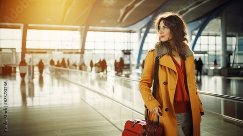 Young beautiful woman on holiday to travel at airport background.