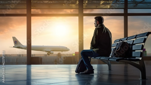 Man on holiday to travel at airport background. Lifestyle concept.